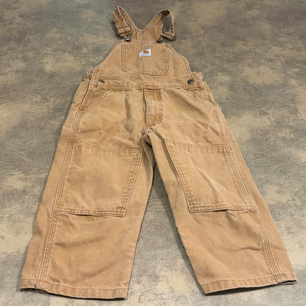 Carhartt Bib Overalls Kids Size 4 Brown Duck Canvas Double Knee Workwear 0909